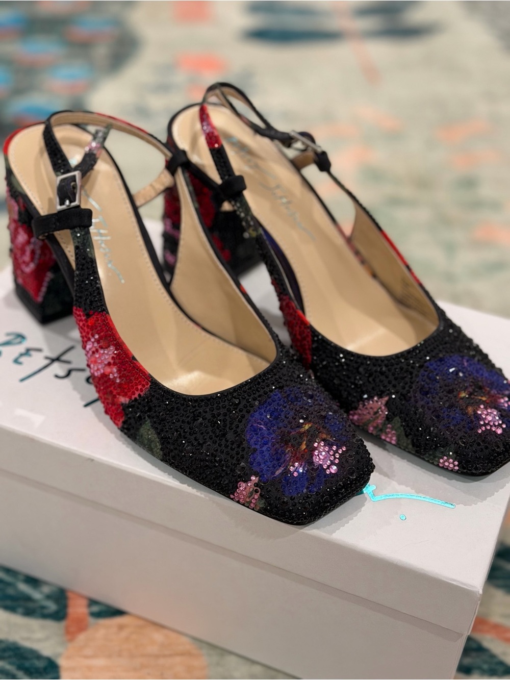 Betsey Johnson Elias Black Sequin Floral Slingback Heels